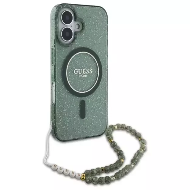 Guess IML Glitter With Pearl Strap MagSafe case for iPhone 16 Plus - green 2