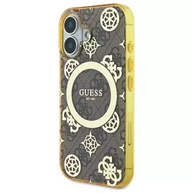 Guess IML Peony On 4G Background MagSafe iPhone 16 Case - Brown 1