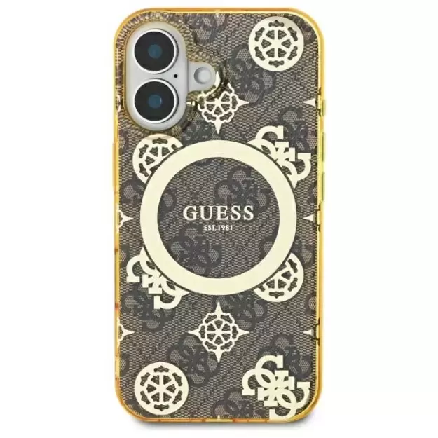 Guess IML Peony On 4G Background MagSafe iPhone 16 Case - Brown 2