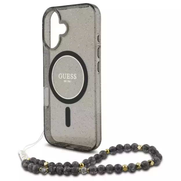 Guess IML Glitter With Pearl Strap MagSafe case for iPhone 16 - black 10