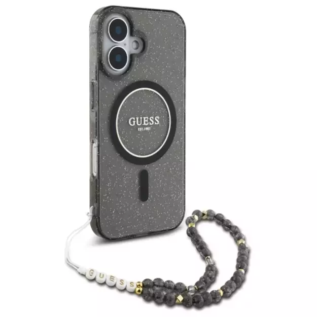 Guess IML Glitter With Pearl Strap MagSafe case for iPhone 16 - black 8