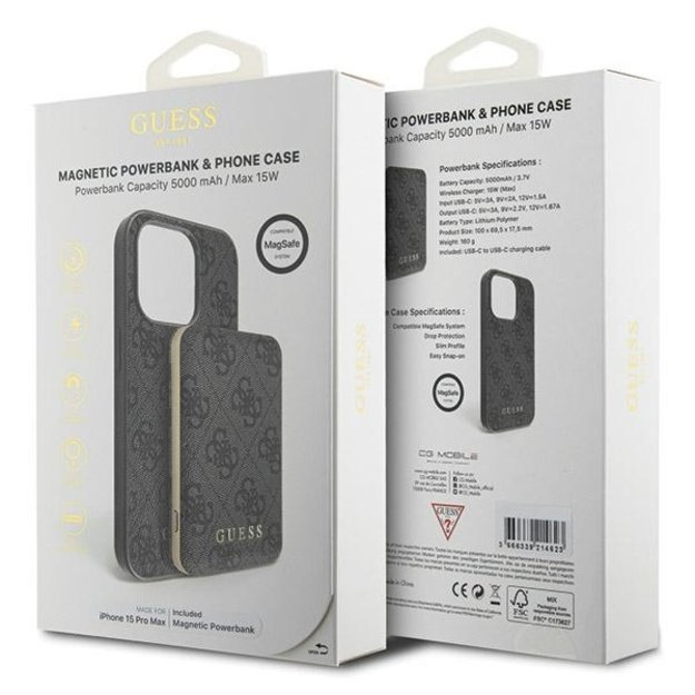 Guess 4G Metal Logo Case Set for iPhone 15 Pro Max + 5000mAh MagSafe Powerbank - Black 10