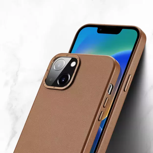 Dux Ducis Grit Leather Case for iPhone 14 Plus Elegant Faux Leather Cover (MagSafe Compatible) Brown 6