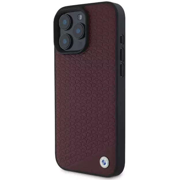 BMW Sign Leather Diamond Metal Logo MagSafe Case for iPhone 16 Pro Max - Red 1