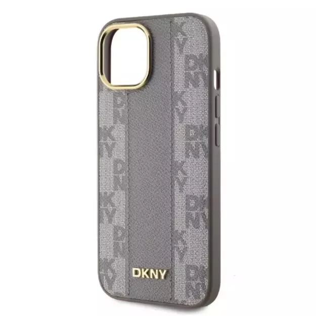 DKNY Leather Checkered Mono Pattern MagSafe iPhone 15 Case - Beige 2