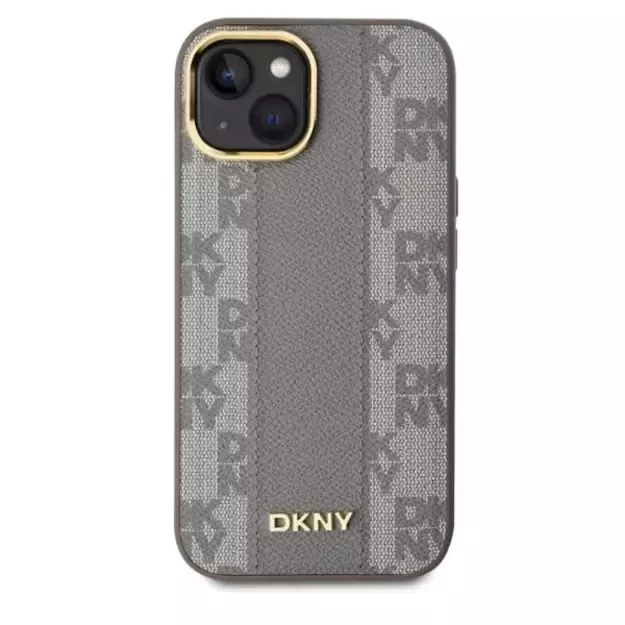 DKNY Leather Checkered Mono Pattern MagSafe iPhone 15 Case - Beige 1