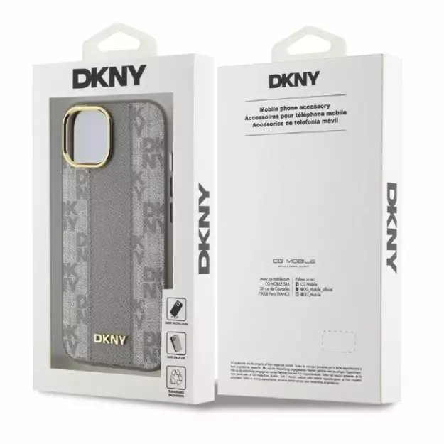 DKNY Leather Checkered Mono Pattern MagSafe iPhone 15 Case - Beige 4