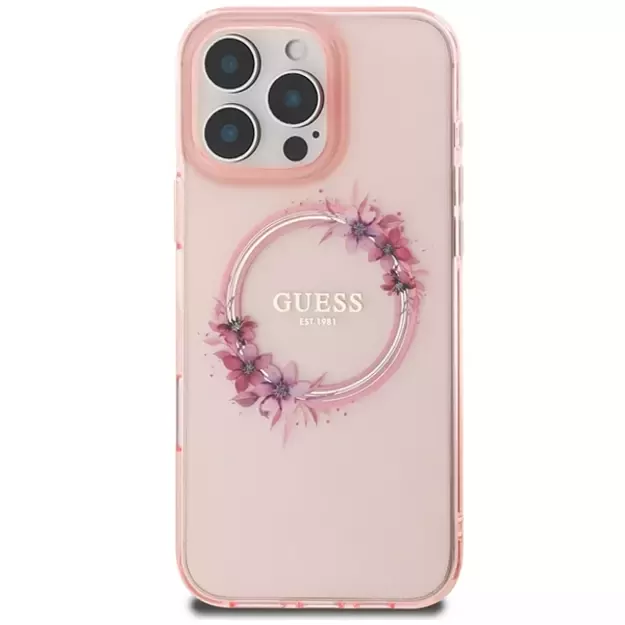 Guess IML Flowers Wreath MagSafe iPhone 16 Pro Max Case - Pink 2