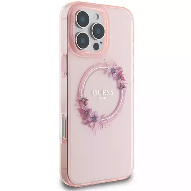 Guess IML Flowers Wreath MagSafe iPhone 16 Pro Max Case - Pink 3