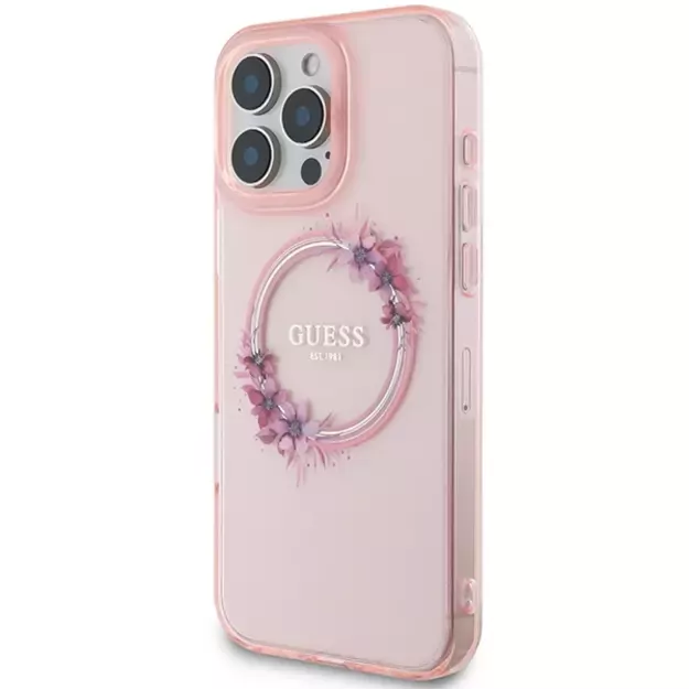 Guess IML Flowers Wreath MagSafe iPhone 16 Pro Max Case - Pink 1