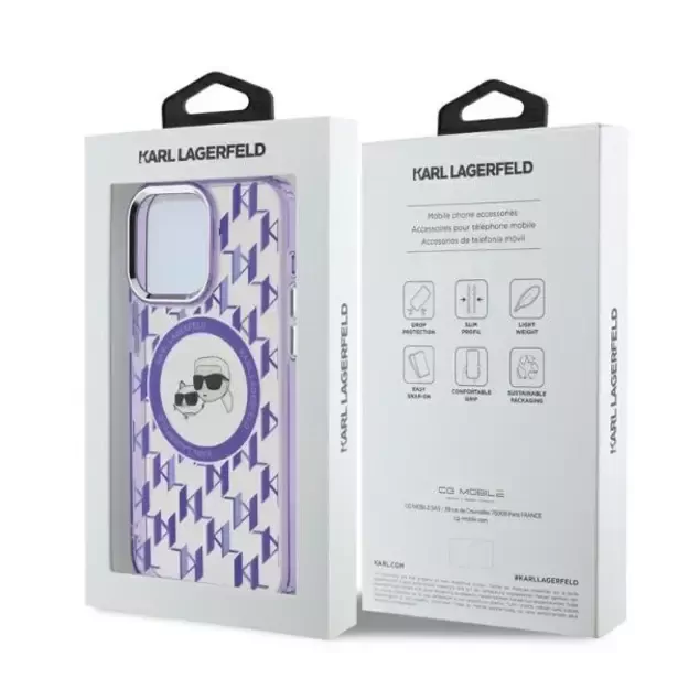 Karl Lagerfeld IML Monogram Karl &amp  Choupette Head MagSafe Case for iPhone 15 Pro Max - Purple 4