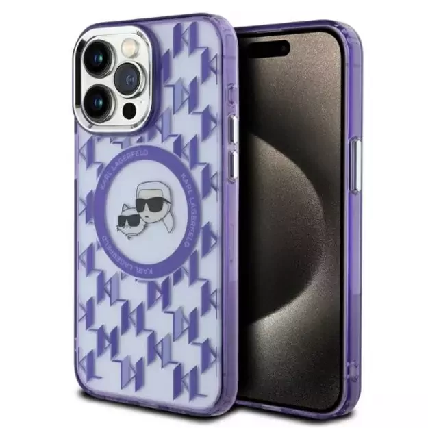 Karl Lagerfeld IML Monogram Karl &amp  Choupette Head MagSafe Case for iPhone 15 Pro Max - Purple