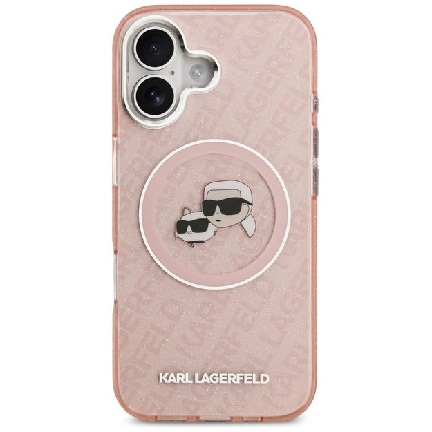 Karl Lagerfeld IML Glitter Karl &amp  Choupette Heads Logo MagSafe iPhone 17 Case - Pink 2