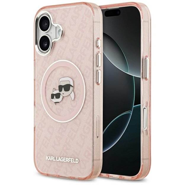 Karl Lagerfeld IML Glitter Karl &amp  Choupette Heads Logo MagSafe iPhone 17 Case - Pink