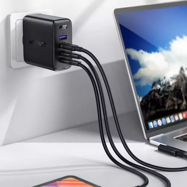 Acefast fast charger GaN 3xUSB-C/1xUSB-A 100W black + angled cable USB-C - USB-C 100W 2m black 3