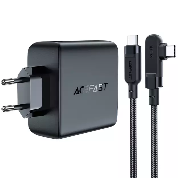 Acefast fast charger GaN 3xUSB-C/1xUSB-A 100W black + angled cable USB-C - USB-C 100W 2m black 1