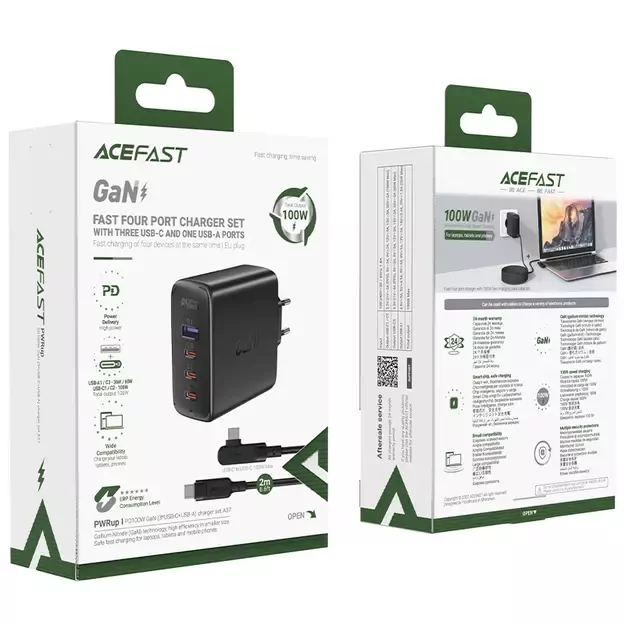 Acefast fast charger GaN 3xUSB-C/1xUSB-A 100W black + angled cable USB-C - USB-C 100W 2m black 5