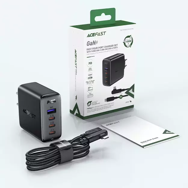 Acefast fast charger GaN 3xUSB-C/1xUSB-A 100W black + angled cable USB-C - USB-C 100W 2m black 6