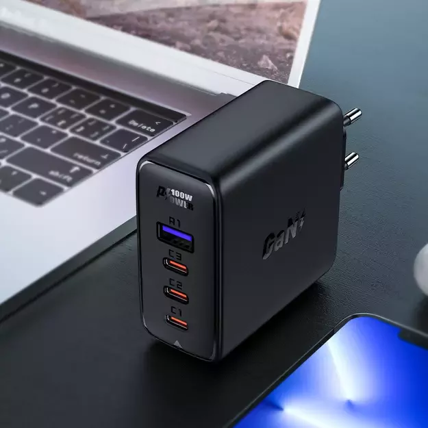 Acefast fast charger GaN 3xUSB-C/1xUSB-A 100W black + angled cable USB-C - USB-C 100W 2m black 2