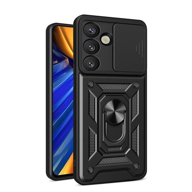Hybrid Armor Camshield Case with Stand and Camera Cover for Motorola Moto G05 4G / E15 4G - Black