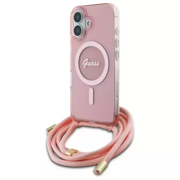 Guess Crossbody Cord Script MagSafe iPhone 16 Case - Pink 7