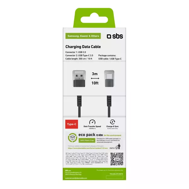 SBS TECABLETC3MTK USB-A - USB-C Cable 3m - Black 3
