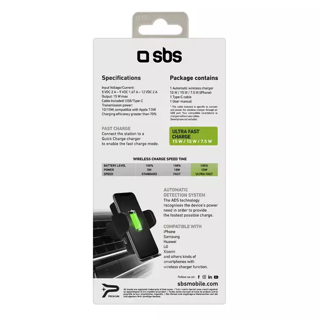 SBS TESUPWIR15WAUT smartphone holder with wireless charger for air vent - black 9