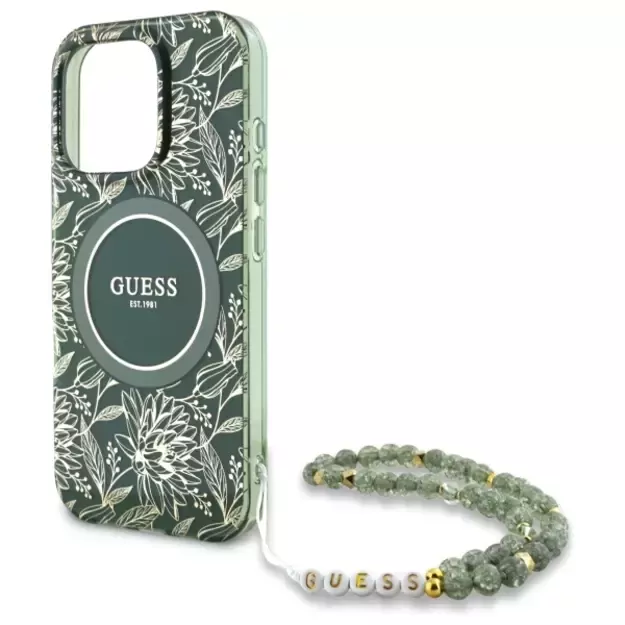 Guess IML Flowers Allover Electro With Pearl Strap MagSafe case for iPhone 16 Pro Max - green 4
