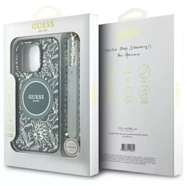 Guess IML Flowers Allover Electro With Pearl Strap MagSafe case for iPhone 16 Pro Max - green 6