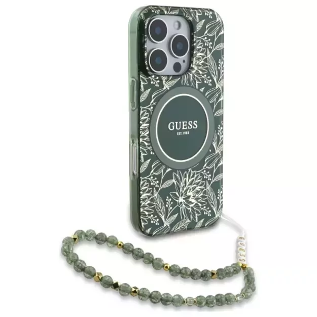 Guess IML Flowers Allover Electro With Pearl Strap MagSafe case for iPhone 16 Pro Max - green 2