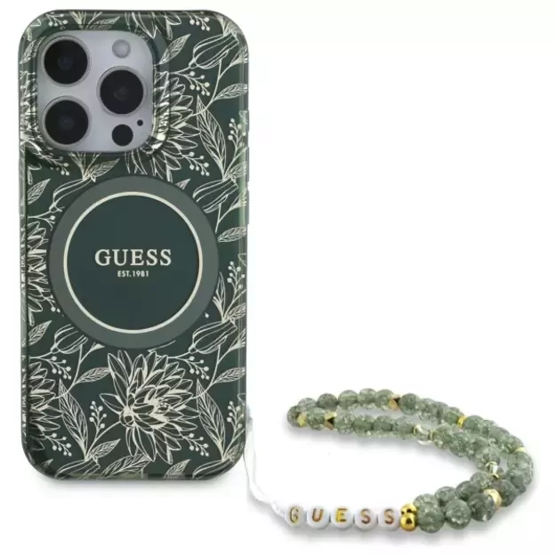 Guess IML Flowers Allover Electro With Pearl Strap MagSafe case for iPhone 16 Pro Max - green 1