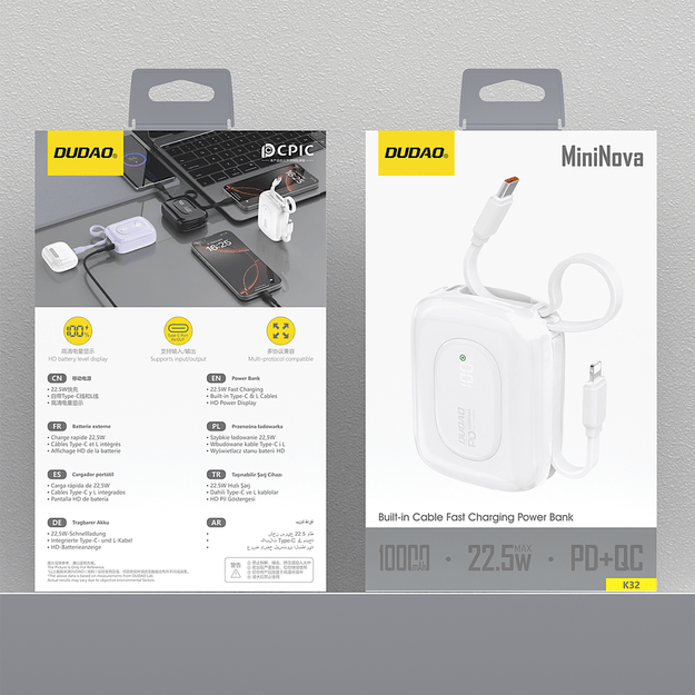 Dudao K32 22.5W 10000 mAh Powerbank with Built-in USB-C/ Lightning Cable - White 4