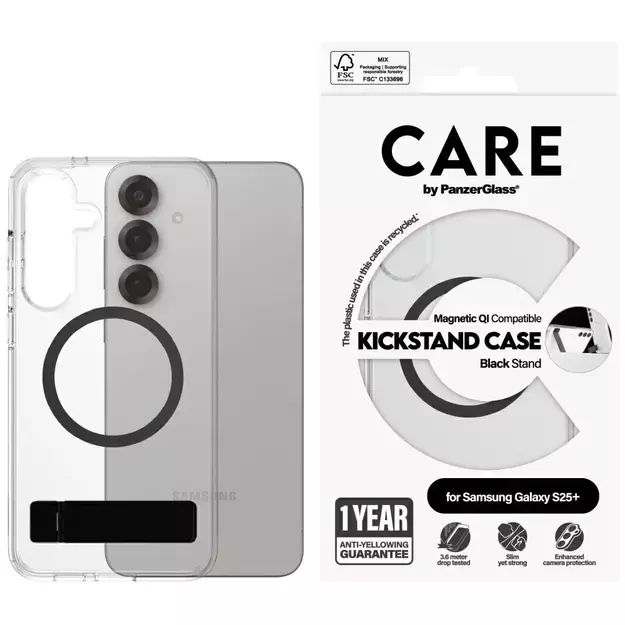 CARE by PanzerGlass Feature Black Kickstand &amp  QI Case for Samsung Galaxy S25+ - Transparent