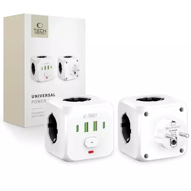 Tech-Protect PCL3x4 Power Strip, 2x USB-A, 2x USB-C, 3x AC Type Schuko - White