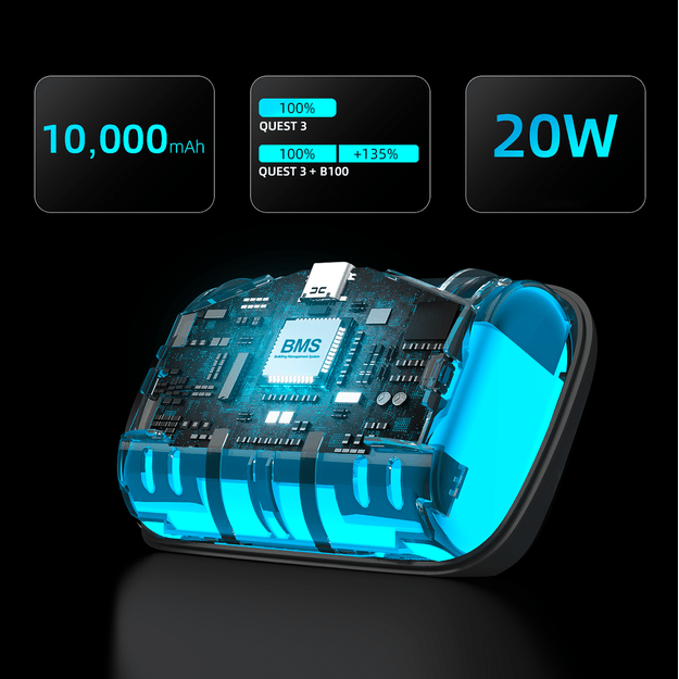 BoboVR S3 Pro strain relief strap for Meta Quest 3 VR goggles + B100 external battery - white and black 6