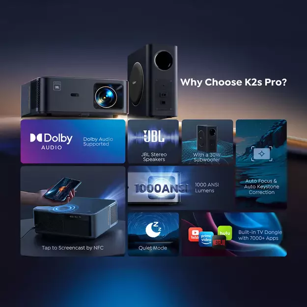 Yaber K2s Pro LCD FullHD 1080p Multimedia Projector with JBL Speakers and Subwoofer - Black 10