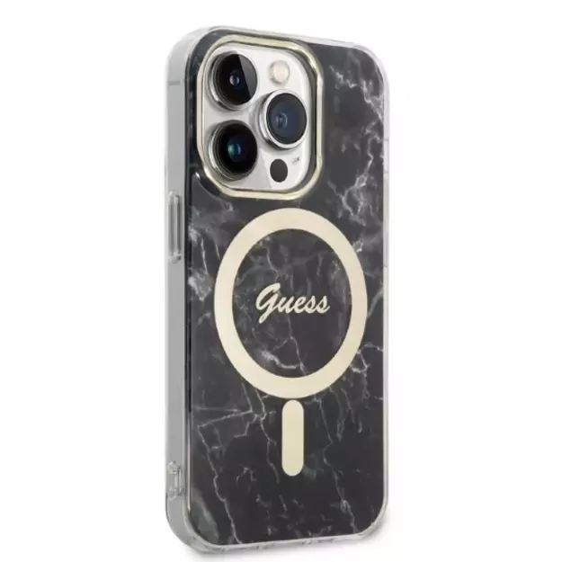 Set Guess GUBPP14LHMEACSK Case+ Charger iPhone 14 Pro 6.1  black/black hard case Marble MagSafe 12