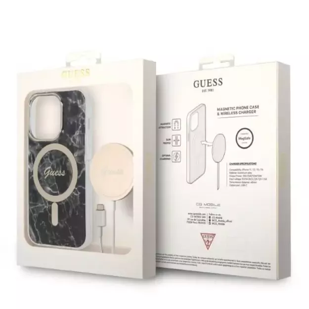 Set Guess GUBPP14LHMEACSK Case+ Charger iPhone 14 Pro 6.1  black/black hard case Marble MagSafe 18