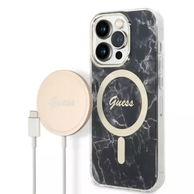 Set Guess GUBPP14LHMEACSK Case+ Charger iPhone 14 Pro 6.1  black/black hard case Marble MagSafe