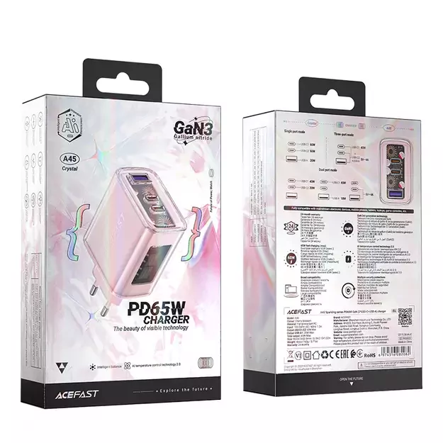 Acefast charger GaN 65W 3 ports (1xUSB, 2xUSB C) pink (A45) 4