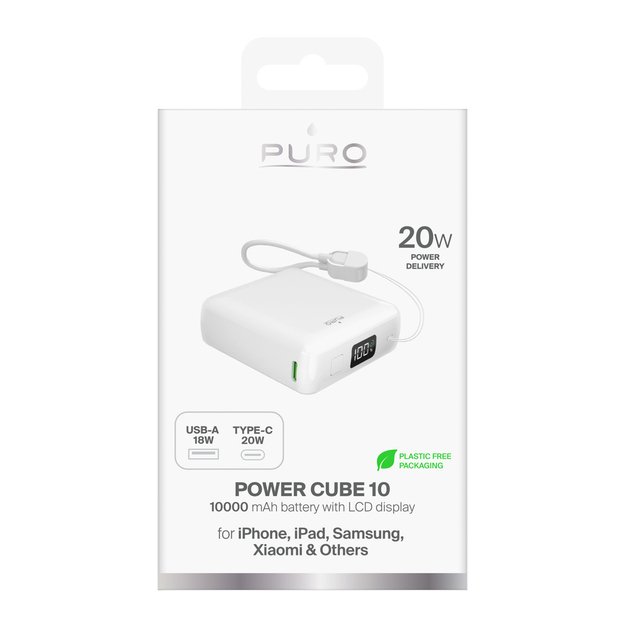 Puro 10000mAh 20W USB-C USB-A Power Bank with Display and Built-in USB-C Cable - White 1
