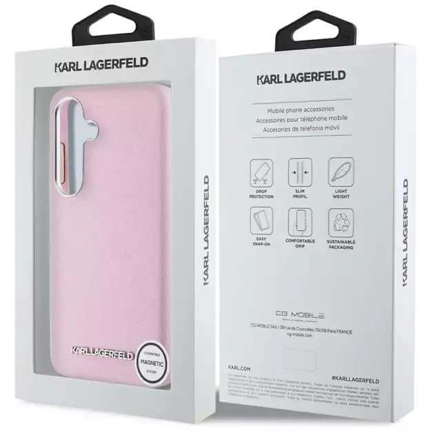 Karl Lagerfeld Saffiano Full Wrapped Elongated Metal Logo MagSafe Case for Samsung Galaxy S25+ - Pink 7