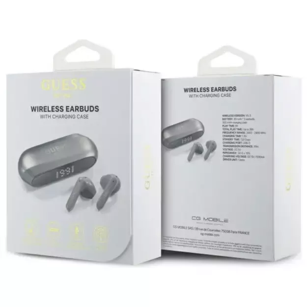 Guess Elongated Metalic Printed Logo Bluetooth TWS Headphones + Docking Station - Gray 12