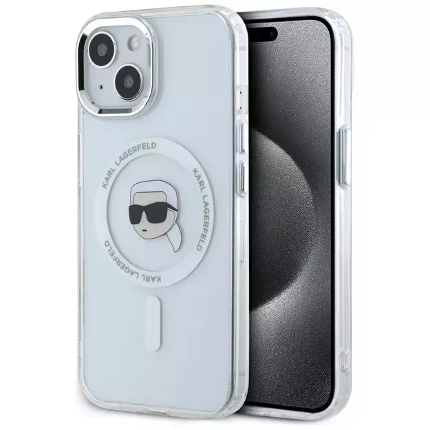 Karl Lagerfeld IML Metal Karl Head MagSafe Case for iPhone 15 Plus White