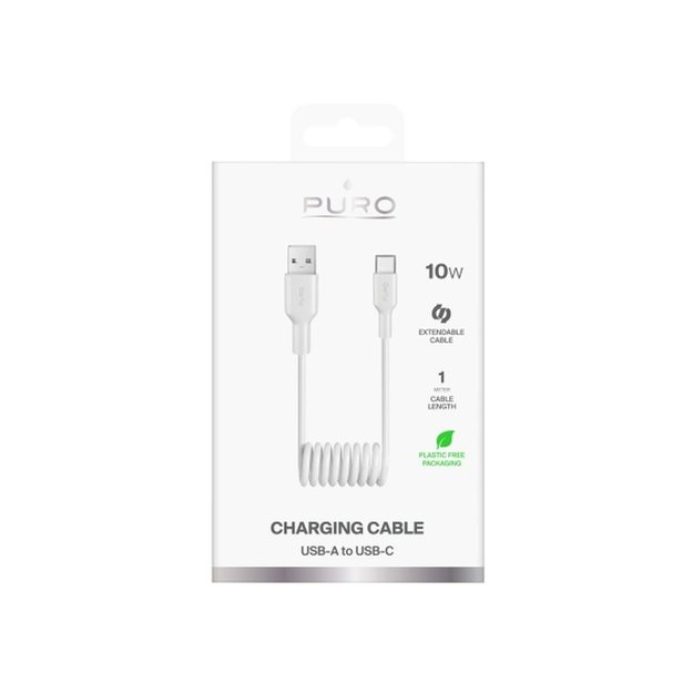 Puro 10W USB-A - USB-C Spiral Cable 1m - White 1