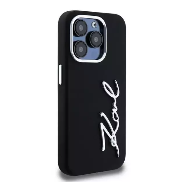 Karl Lagerfeld Silicone Metal Script Logo iPhone 15 Pro Max Case - Black 10