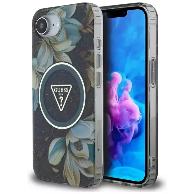 Guess IML Metal Glitter Flowers Triangle MagSafe case for iPhone 16e - black