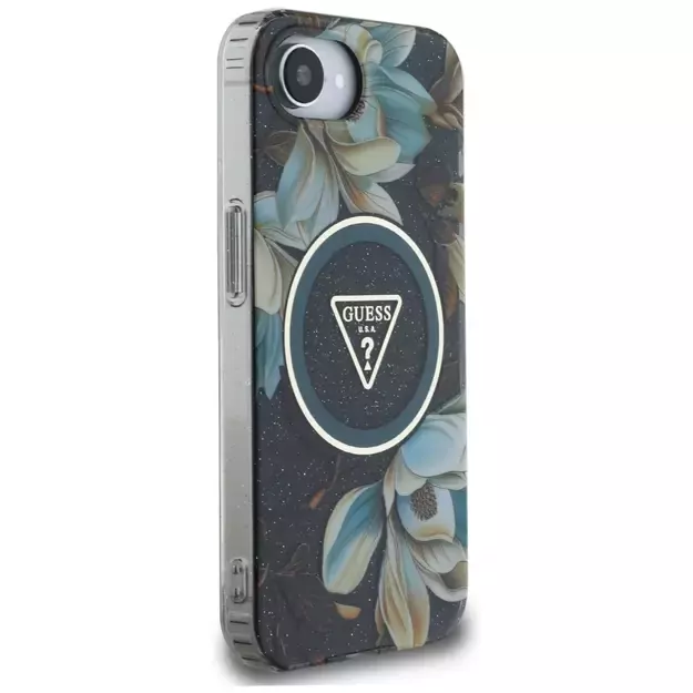 Guess IML Metal Glitter Flowers Triangle MagSafe case for iPhone 16e - black 10