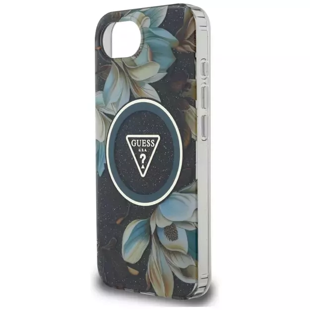 Guess IML Metal Glitter Flowers Triangle MagSafe case for iPhone 16e - black 12