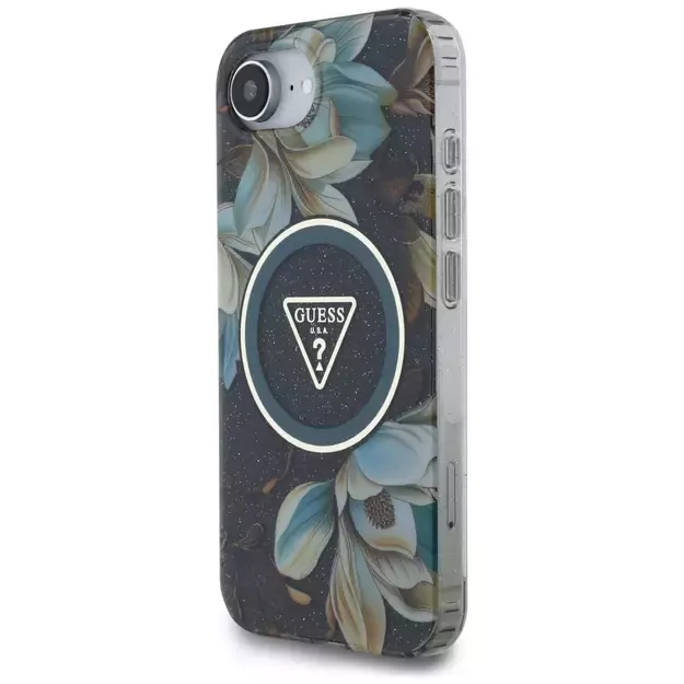Guess IML Metal Glitter Flowers Triangle MagSafe case for iPhone 16e - black 8